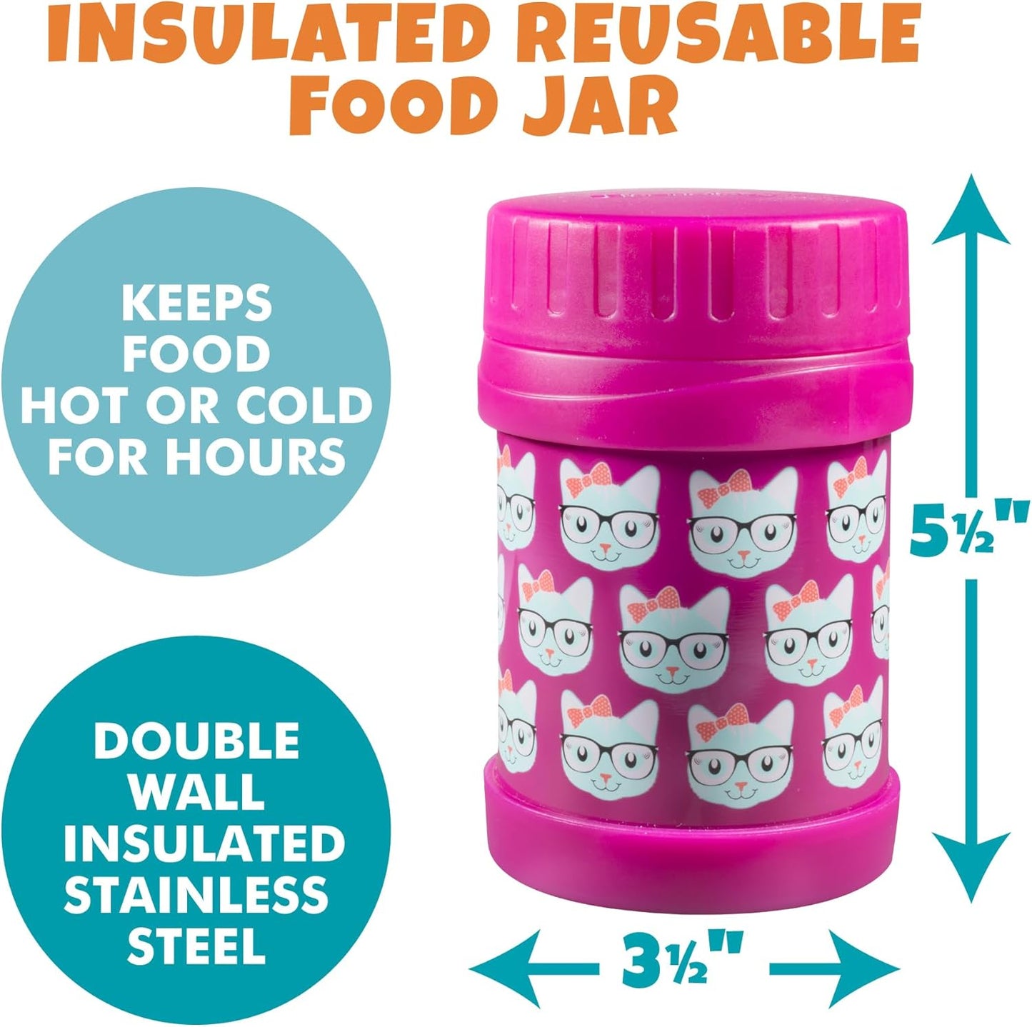 Bentology Insulated 13oz Food Jar for Kids- Hot or Cold Food, Soups, Liquids, Noodles - Wide Mouth Stainless Steel Container & BPA Free, Large Leak Proof thermos for Back to School Lunch Boxes, Bags