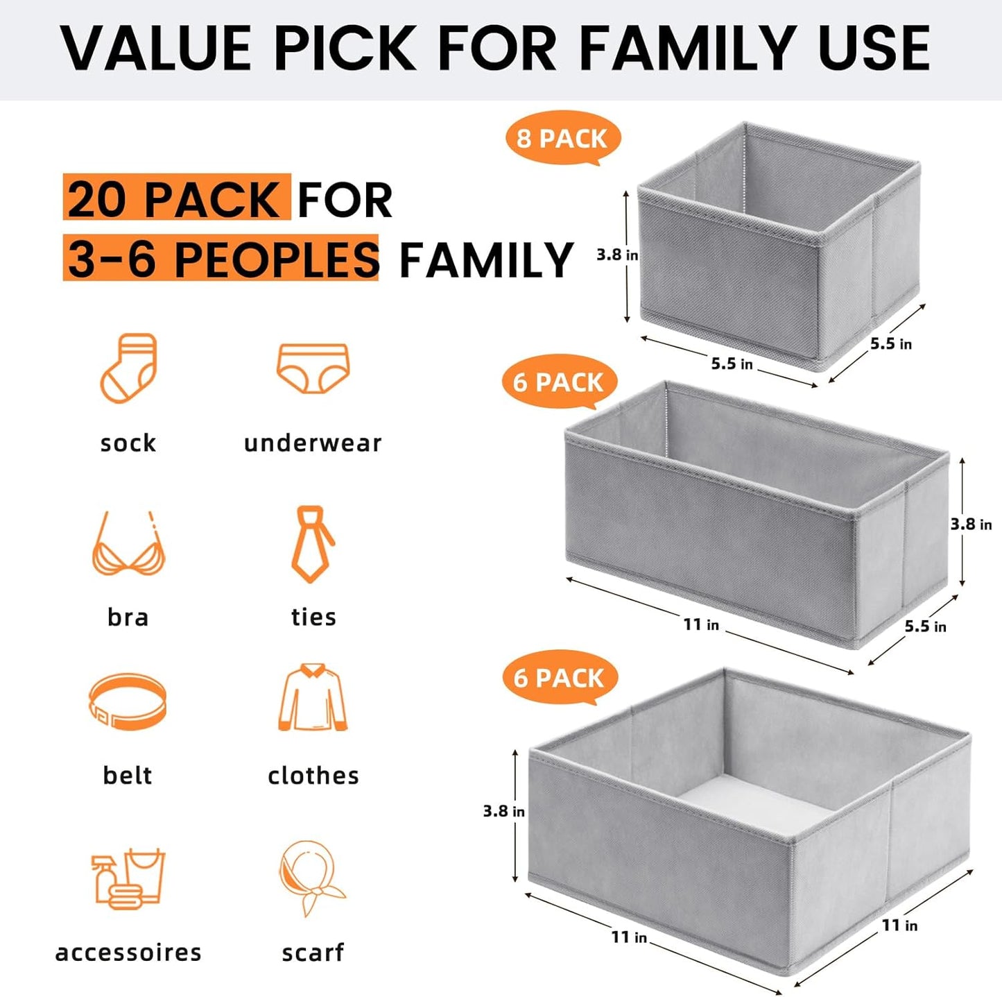 【FAMILY PACK】Drawer Organizer Clothes, 20 Pack Dresser Organizer Bins for Baby Clothes - Underwear Bra Sock Organizer - Fabric Closet Organization and Storage Dividers for Nursery Bedroom Dorm