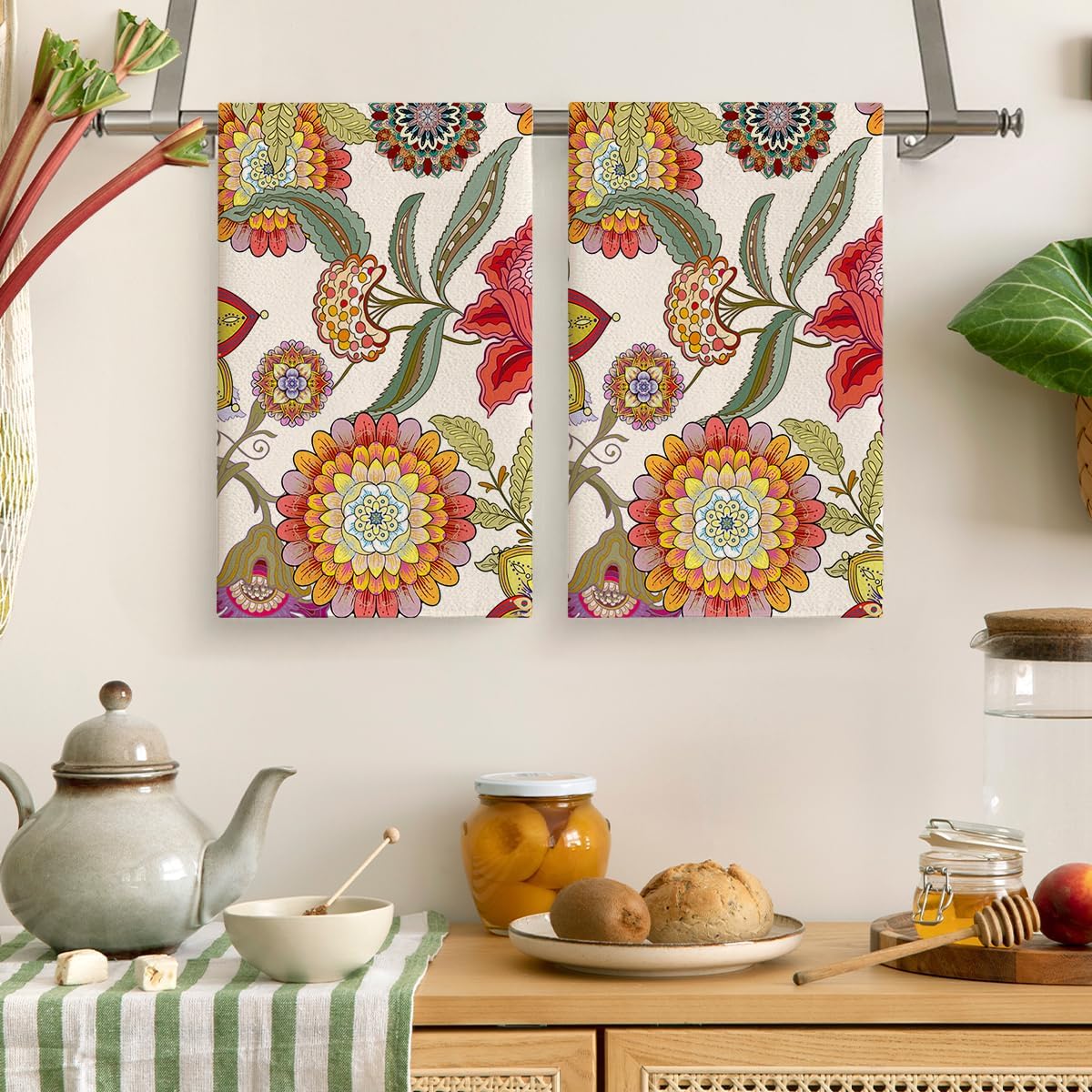 Cukemip Boho Floral Kitchen Towels Decorative Set of 2, Colorful Absorbent Hand Towels for Kitchen, Bar, Drying Decor, Housewarming Gifts