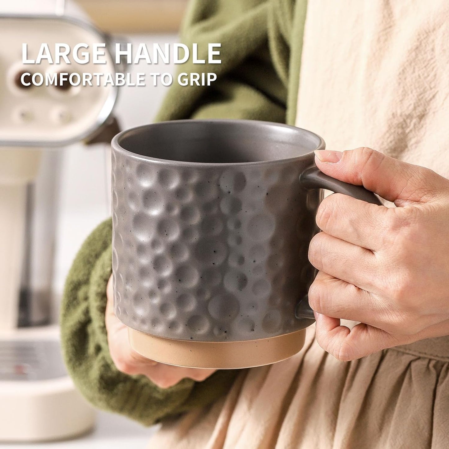 Nihow 16OZ Stackable Coffee Mug Set, Large Ceramic Coffee Mug Set of 4,Coffee Cup Set for Cappuccino/Latte/Cocoa,Dishwasher & Microwave Safe,Matte Gray