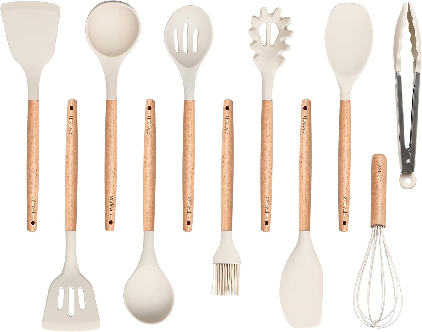 11-Piece Silicone Kitchen Utensil Set with Spatulas, Tongs, Whisk, Turner & Ladle – Heat Resistant, Non-Scratch Cooking Tools with Wooden Handles, Dishwasher Safe, BPA-Free (Beige)