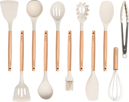 11-Piece Silicone Kitchen Utensil Set with Spatulas, Tongs, Whisk, Turner & Ladle – Heat Resistant, Non-Scratch Cooking Tools with Wooden Handles, Dishwasher Safe, BPA-Free (Beige)