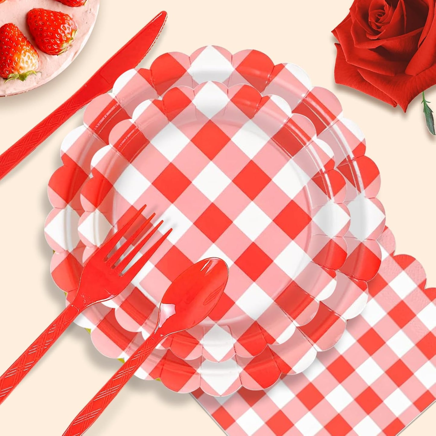 192 PCS Gingham Party Supplies Serve 24 Guests Gingham Plates and Napkins and Cups for Birthday Decorations Baby Shower Checkered Party Dinnerware Sets for Girl Boy Light Red Christmas