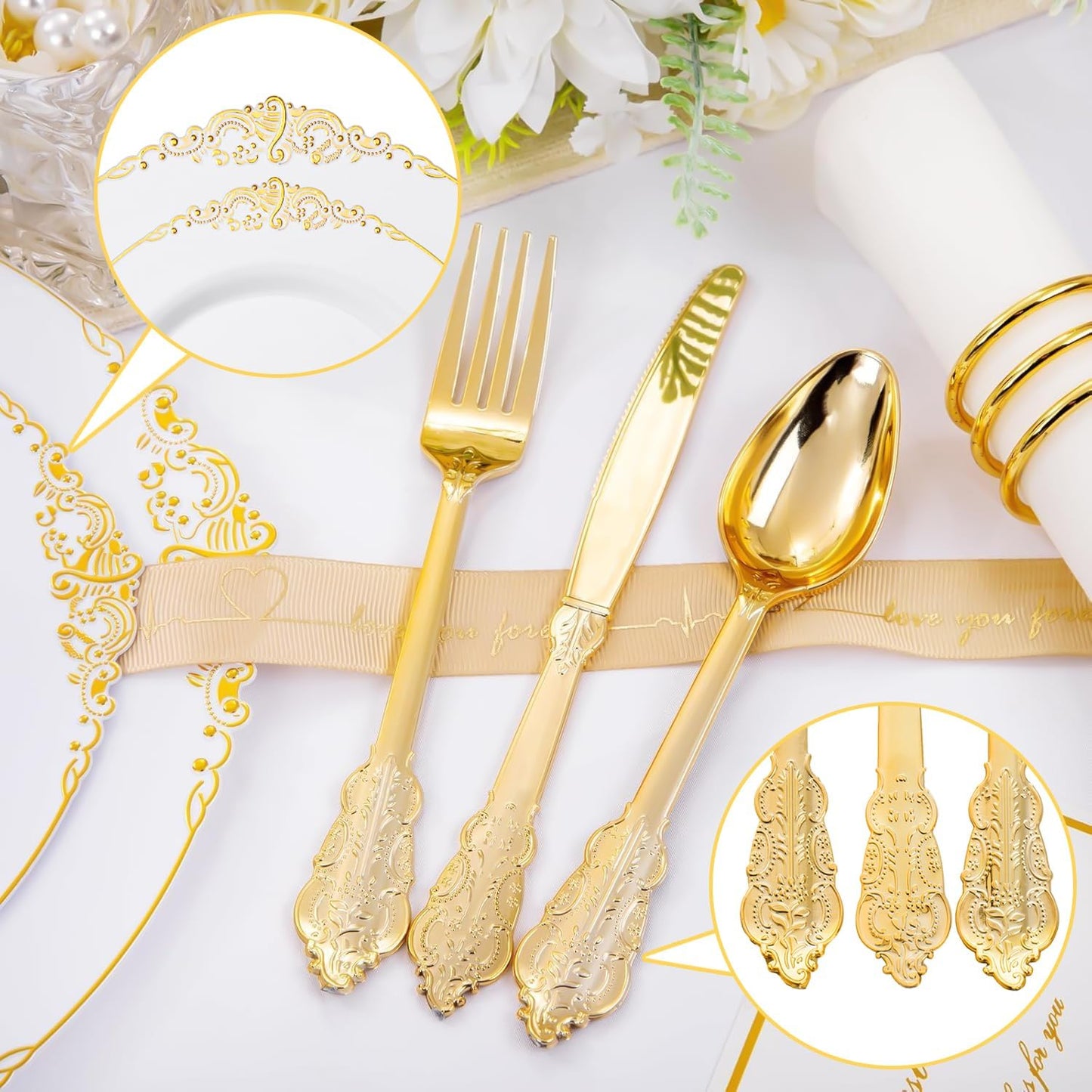 Hioasis 350pcs White and Gold Plastic Plates - Elegant Disposable Dinnerware Set Include 10.25" Dinner & 7.5" Dessert Plates, Knives, Forks, Spoons, Napkins, Cups for Party & Thanksgiving