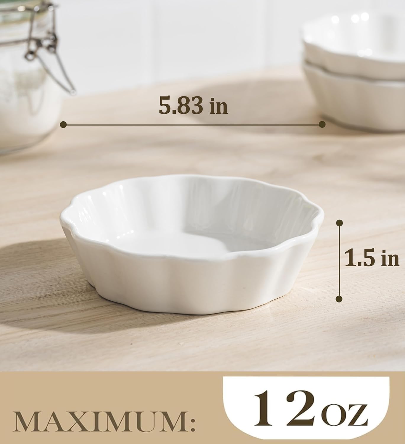 12 Oz Ramekins Oven Safe, Small Baking Dish, Individual Mini Pie Pans for Quiche, Casseroles, Dessert, Tart, Creme Brulee, lasagna, Ceramic Small Quiche Dishes, Set of 6