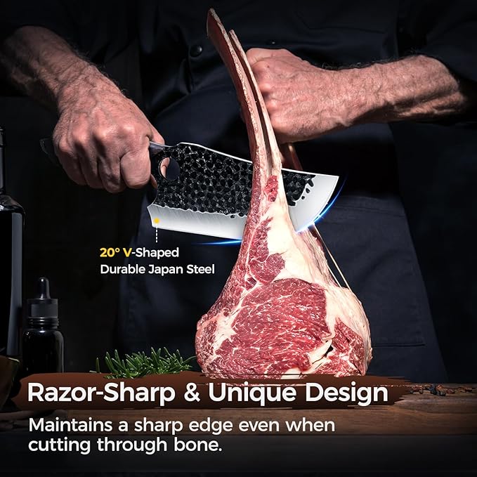 Meat Cleaver Butcher Knife Set of 13, Hand Forged Santoku Knife Paring Knife, High Carbon Steel Kitchen Boning for Meat Cutting with Roll Bag & Accessories Kitchen BBQ Gift for Men