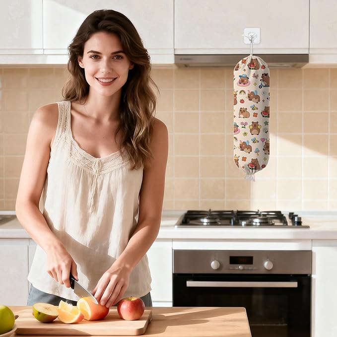 Capybara Plastic Bag Holder Dispenser, Plastic Grocery Bag Organizer & Wall Mount Paper Trash Bag Saver Storage for Kitchen Home Pantry Decor, Cute Animal Decor