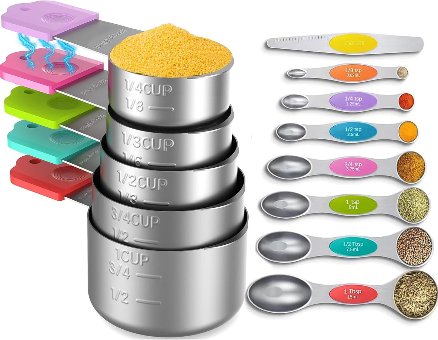 Magnetic Measuring Cups and Spoons Set, 5 Nesting Stainless Steel Measuring Cup Set with Easy to Read Markings, 7 Magnetic Measuring Spoons & 1 Leveler for Measuring Dry or Liquid Ingredients