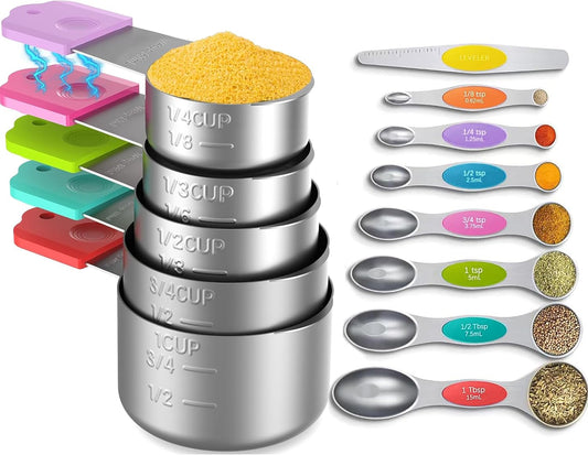 Magnetic Measuring Cups and Spoons Set, 5 Nesting Stainless Steel Measuring Cup Set with Easy to Read Markings, 7 Magnetic Measuring Spoons & 1 Leveler for Measuring Dry or Liquid Ingredients