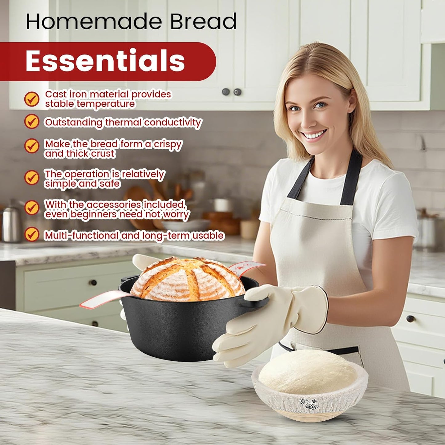 ARC 5QT Cast Iron Dutch Oven for Bread Baking with Skillet Lid, Sourdough Bread Baking Supplies Kit inc. Proofing Basket & Lame, Dutch Oven Pot for Sourdough, Braising, Frying, Bread Oven