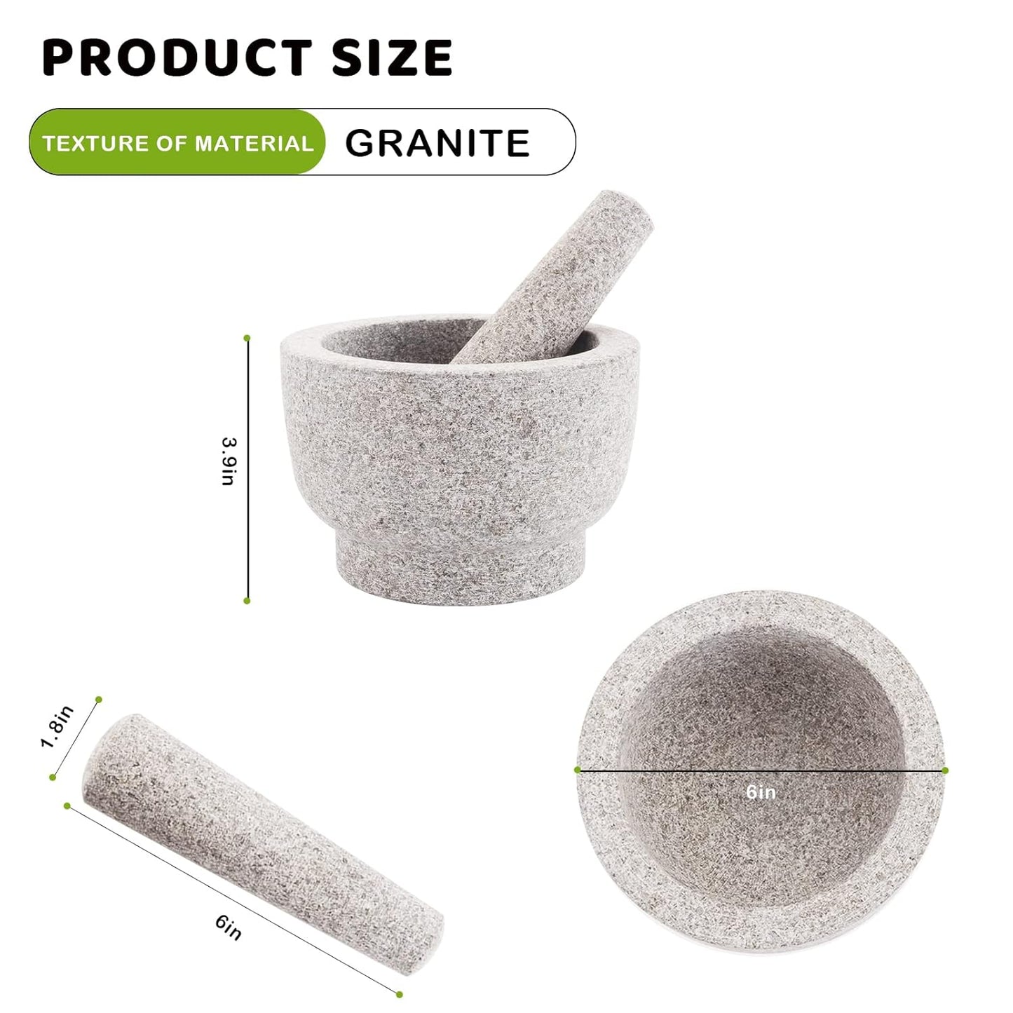 Mortar and Pestle Set,Heavy Duty,Unpolished Granite,6 Inch-2Cup Capacity,Grinder for Spices and Seeds,Grinding,Crushing and Mashing Spices,Nuts,for Guacamole,Garlic Sauce,Gray.