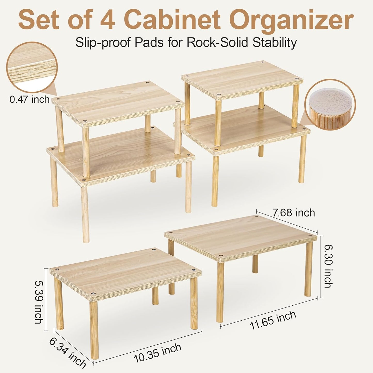 Wood Cabinet Organizer Shelf, Set of 4 Kitchen Counter Shelves, Stackable Spice Organization for Cabinet, Pantry Cupboard Dish Mug Cup Storage Shelf