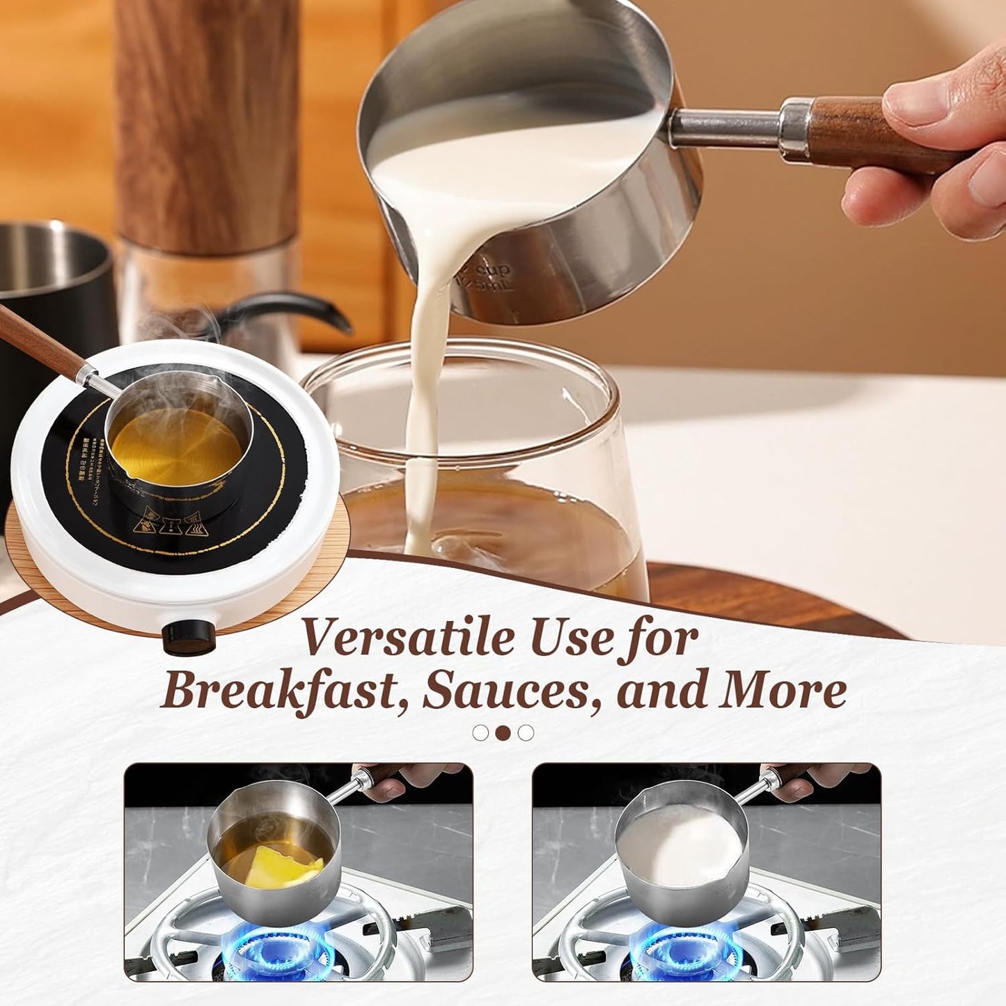 Mini Sauce Pan Cooking Pot with Wooden Handle, Stainless Steel Small Milk Pan and Butter Warmer, with pour spout,250ml
