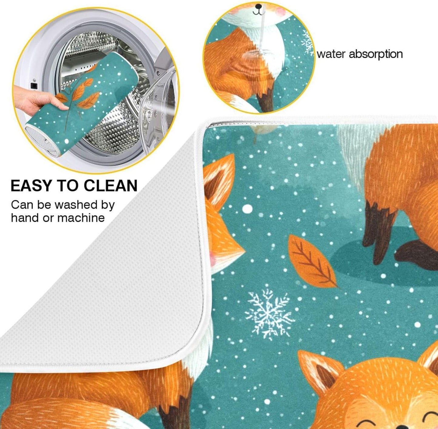 Cute Foxes Snow Pattern Dish Drying Mat for Kitchen Counter Super Absorbent Dishes Pad Reversible Microfiber Protector Dish Draining Mats 16x18 inch