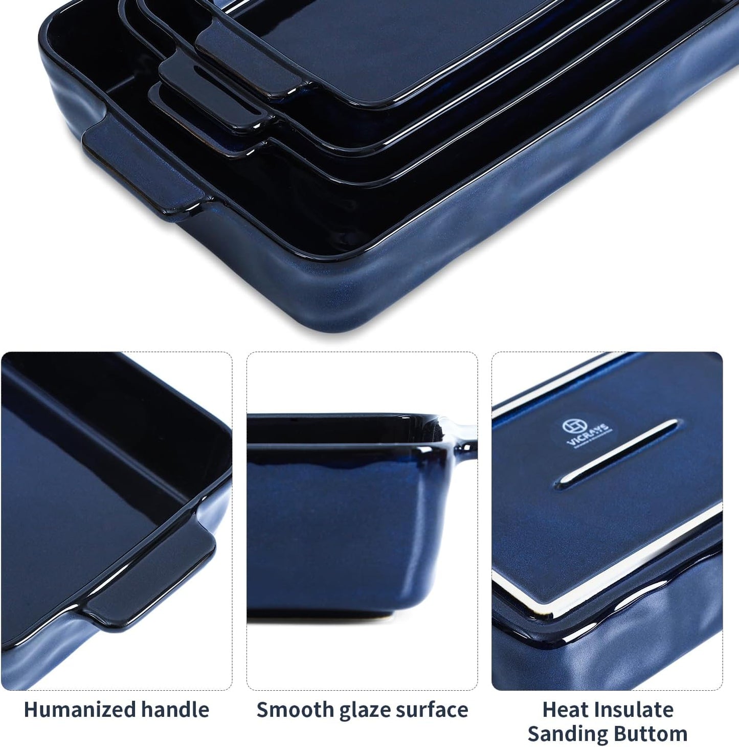 VICRAYS Ceramic Bakeware Set, Porcelain Rectangular Lasagna Pans Casserole Dish Set for Baking, Cooking, Kitchen, Cake Dinner, Banquet and Daily Use, 4 PCS, Blue(9.52"/11.06"/11.77"/14.56")