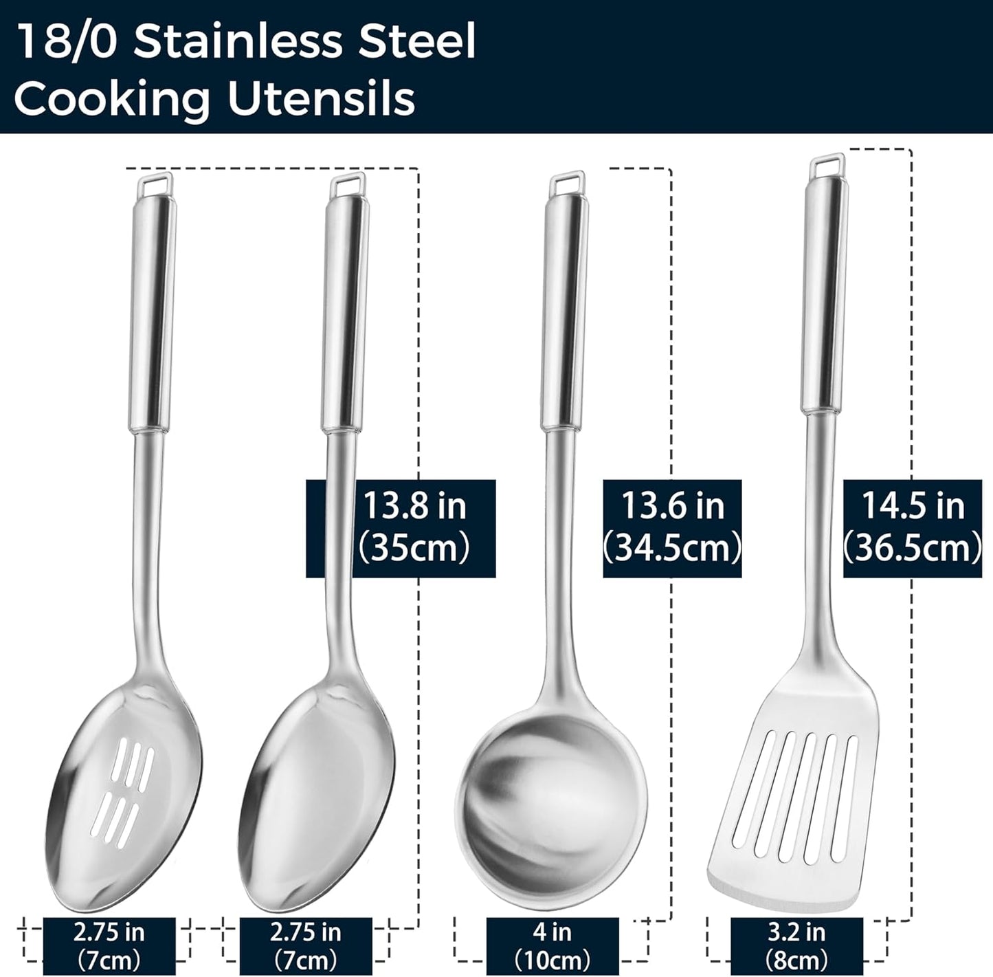 18/0 Stainless Steel Kitchen Cooking Utensil Set, Ergonomic Handle, Dishwasher Safe, Slotted Spoon, Ladle, Turner, Serving Spoon for Housewarming Daily Use Commercial, Pack of 4