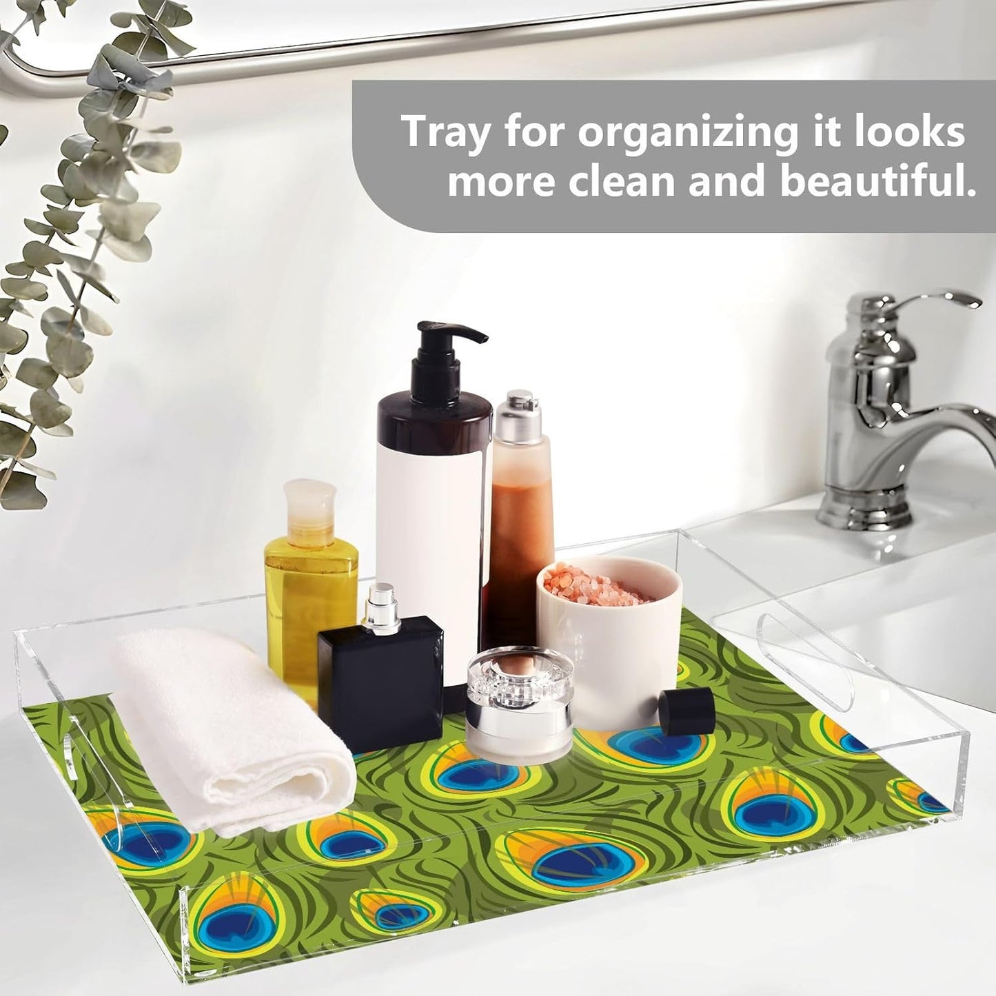 Acrylic Serving Tray with Handles Spill Proof Kitchen Storage Tray Clear Decorative Tray Makeup Drawer Organizer Storage Tray for Bathroom Living Room Ottoman 15.7x11.8Inches