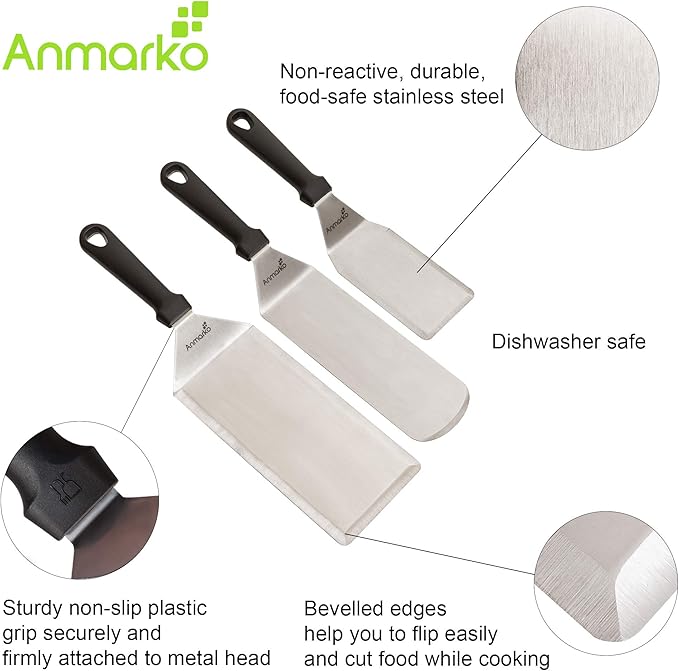 Anmarko Griddle Spatula Set - Stainless Steel Metal Spatula and Griddle Scraper - Heavy Spatula Griddle Accessories Great for Cast Iron Griddle BBQ Flat Top Grill - Commercial Grade