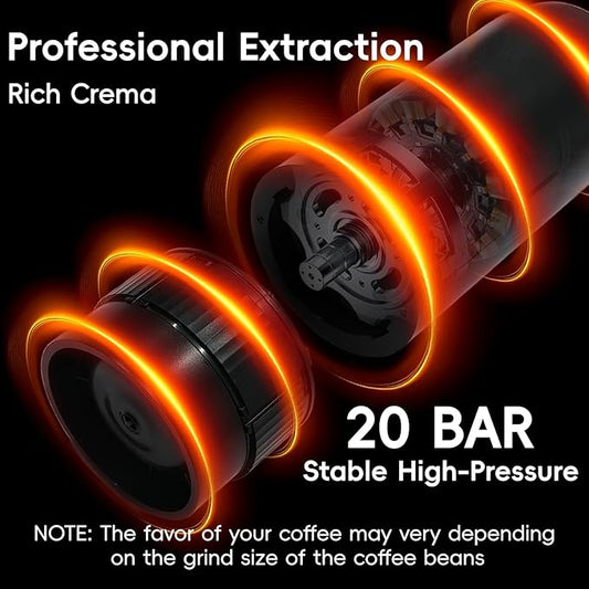 Portable Espresso Maker, 20Bar Pressure & Up to 60 Cups per Charge, Battery Operated Portable Coffee Maker, Works with Ground Coffee & Capsules, for Camping, Car, Travel, and Office Use.