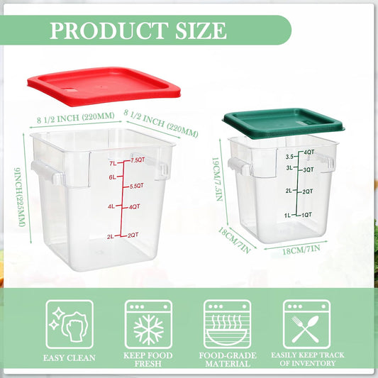 Lallisa 4 Pcs 8 Qt and 4 Qt Clear Food Storage Containers with Lids, Handles and Scales, Commercial Grade Square Containers Polycarbonate Air Tight for Home Storage Kitchen Restaurant(Red, Green)