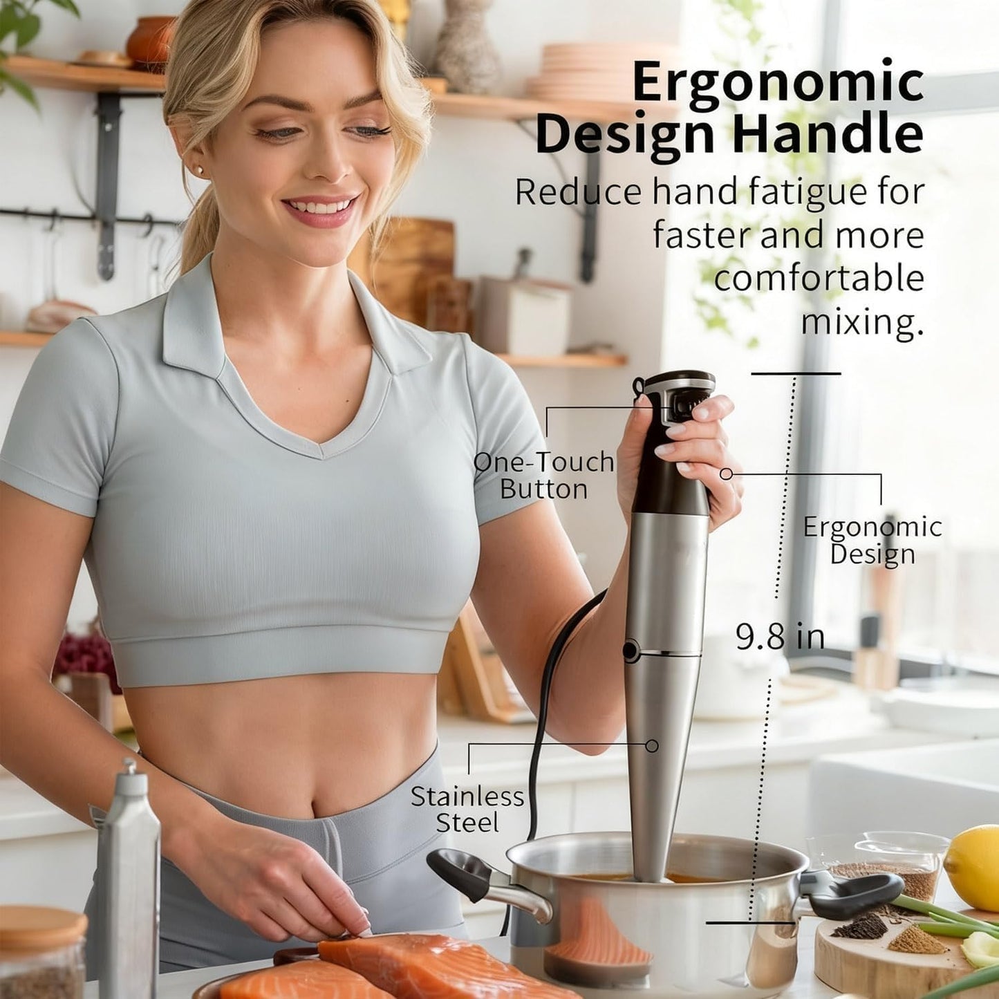 Immersion Hand Blender Stick Blenders Sets 5-in-1 Multi-functional Kitchen Blender with Nylon Blade Cover, with Egg Whisk, Milk Frother Attachments for Kitchen, Puree,Soup,Smoothies