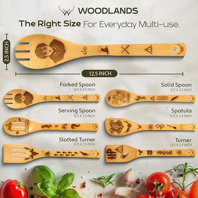 Wooden Spoons for Cooking - 6-Piece Wooden Utensil Set with Spatulas & Spoons, Heat-Resistant, Eco-Friendly Kitchen Utensils for Non-Stick Cookware (Harry Potter)