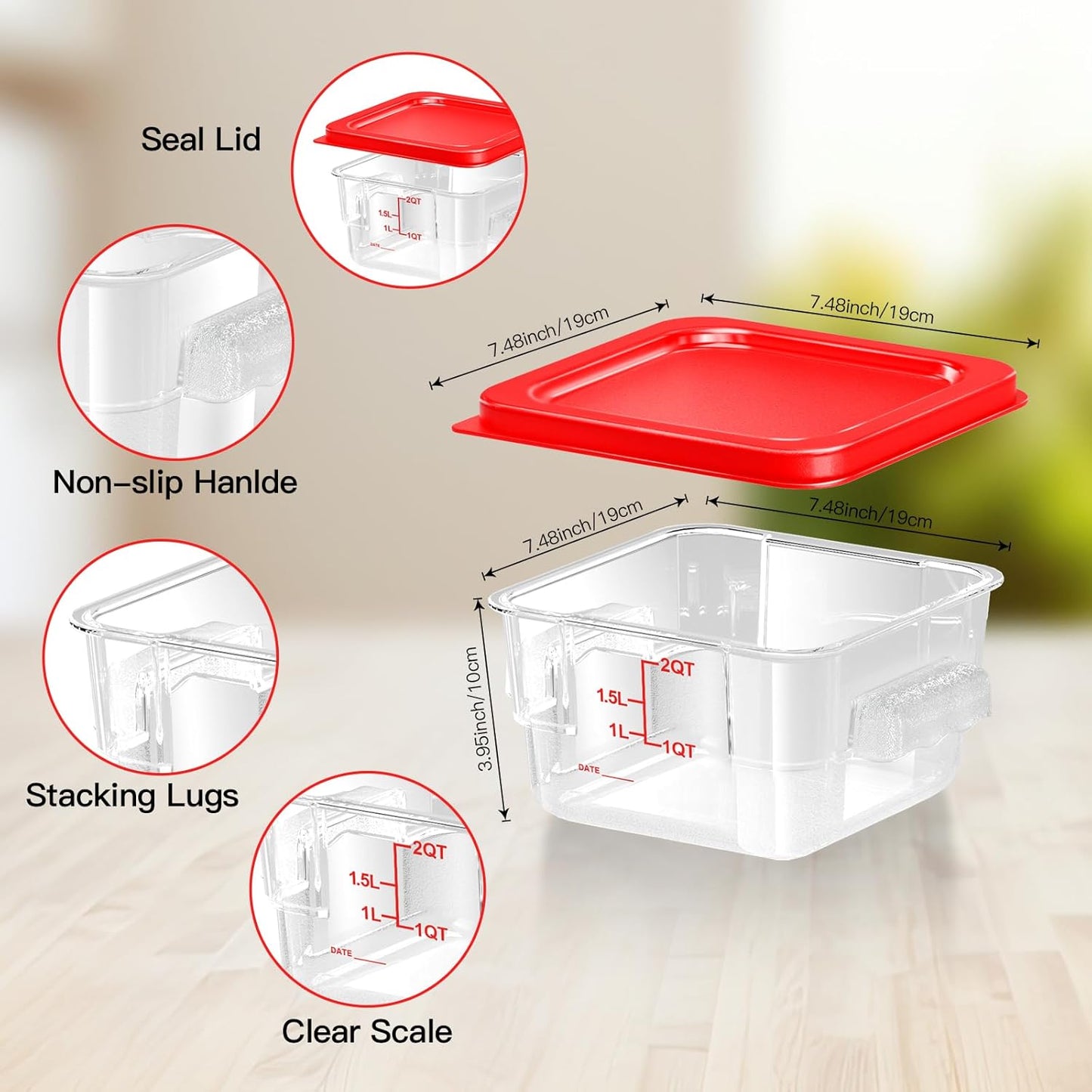 4 pcs 2qt Food Storage Containers with Lid, Square Clear Commercial Food Storage Containers with Handle and Scale for Food Storage in Home Kitchen & Dining (Red)