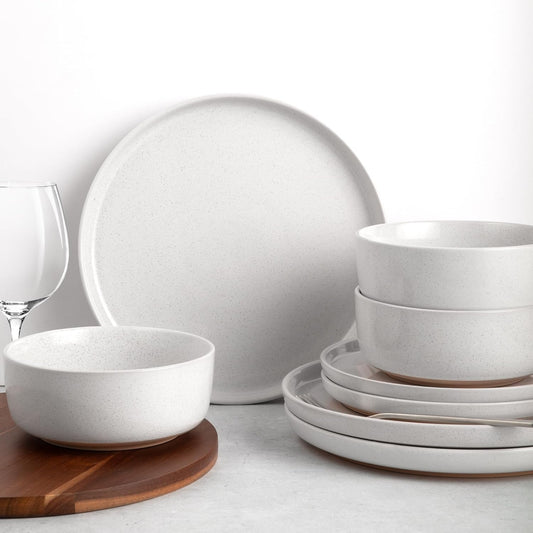 Zulay Kitchen Terra Stoneware Dinnerware Set, Artisanal Ceramic Plates and Bowls Set Crafted at 2300℉ - Service for 4, Speckled White