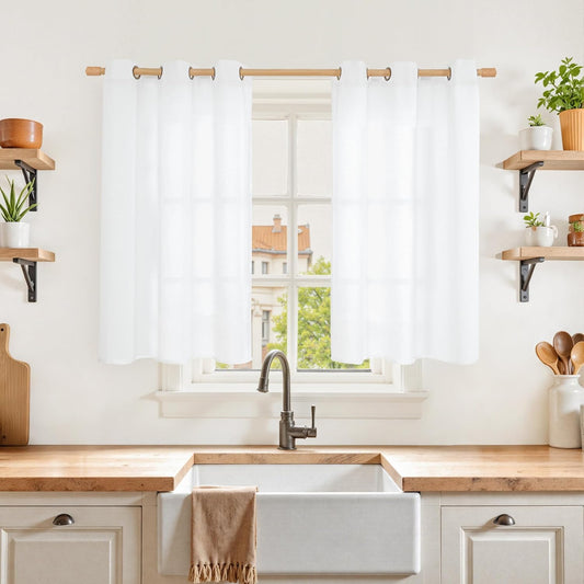 YoungsTex 40 Inches Long Short White Linen Curtains for Kitchen Cafe Window, Semi Sheer Drapes with Bronze Grommet Light Filtering for Bedroom Bathroom, 2 Panels, 42 X 40 Inch