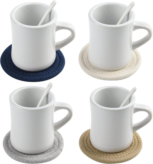 11oz Ceramic Diner Coffee Mug set Stoneware Coffee Cups Set for Restaurant, Diner, Farmhouse, Coffee Shop, Home set of 4 with Coffee spoons and Woven coasters (white)