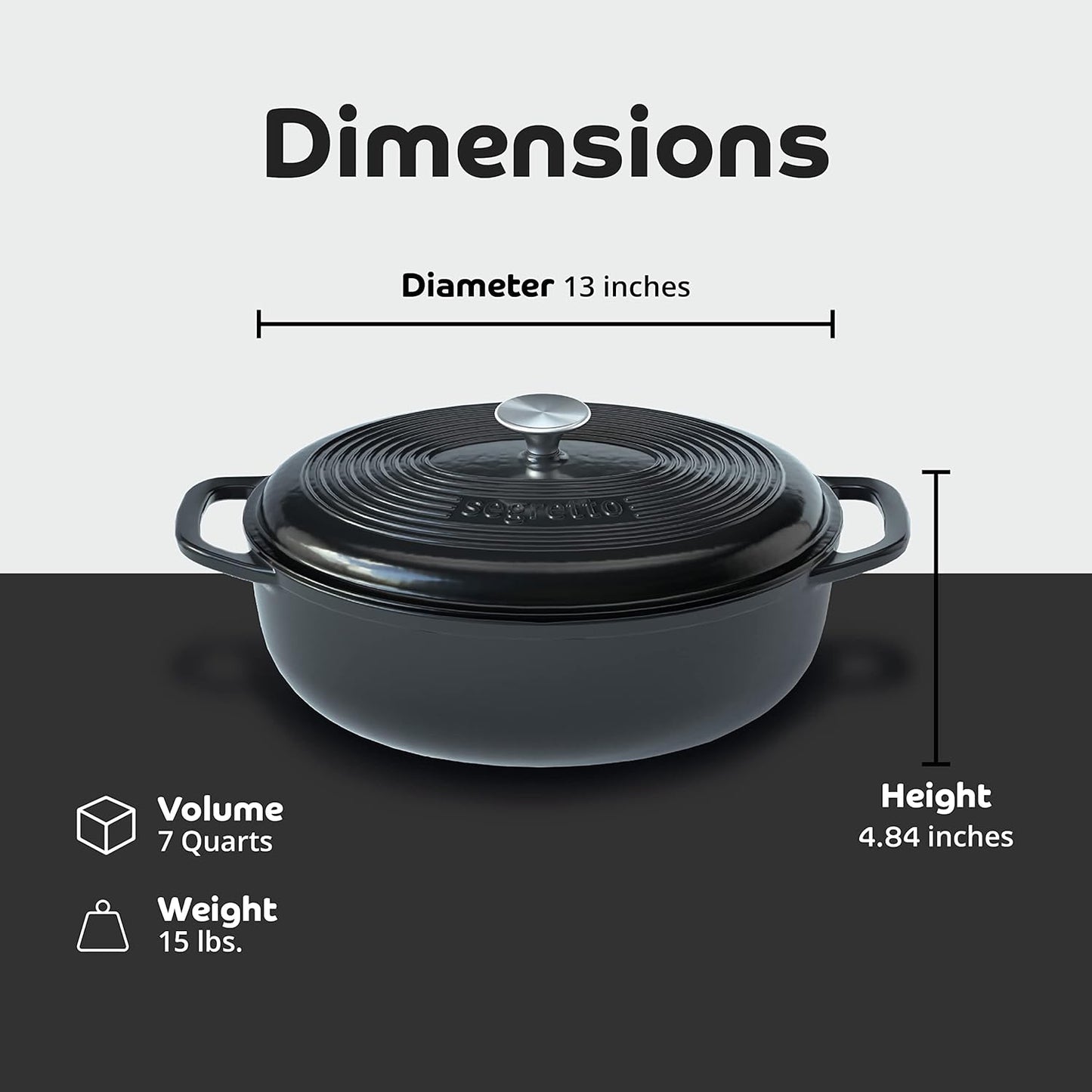 Segretto Cookware Enameled Oval Cast Iron Dutch Oven with Handle, 7 Quarts, Nero (Black), 7qt Cast Iron Pot with Lid | Enamel Dutch Oven for Bread Baking, Ceramic Pots for Cooking, Soup