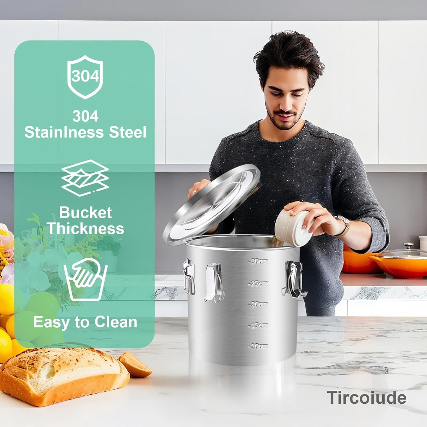 304 Stainless Steel Kitchen Airtight Canister, 12L/3.1gal Food Storage Containers with Lids and Lock Clips Rice Cereal Grain, Oil Sugar Milk Storage Bucket for Household Bar Restaurants