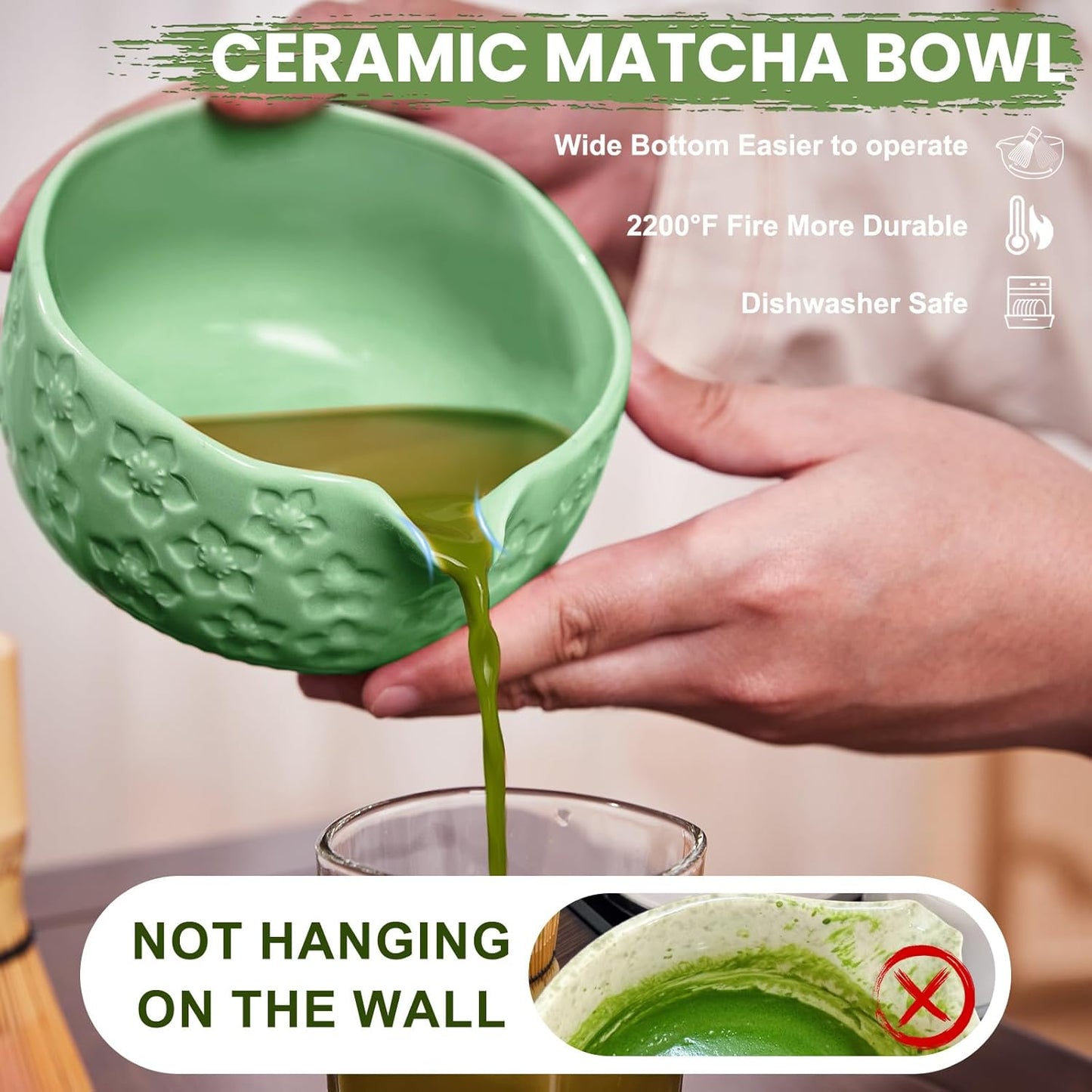 Matcha Whisk Set, Sakura Cyan Ceramic Matcha Set Includes Matcha Bowl, Matcha Whisk (Chasen) and Holder, Sifter, Bamboo Scoop & Spoon - 6 Pcs Matcha Kit for Matcha Lovers