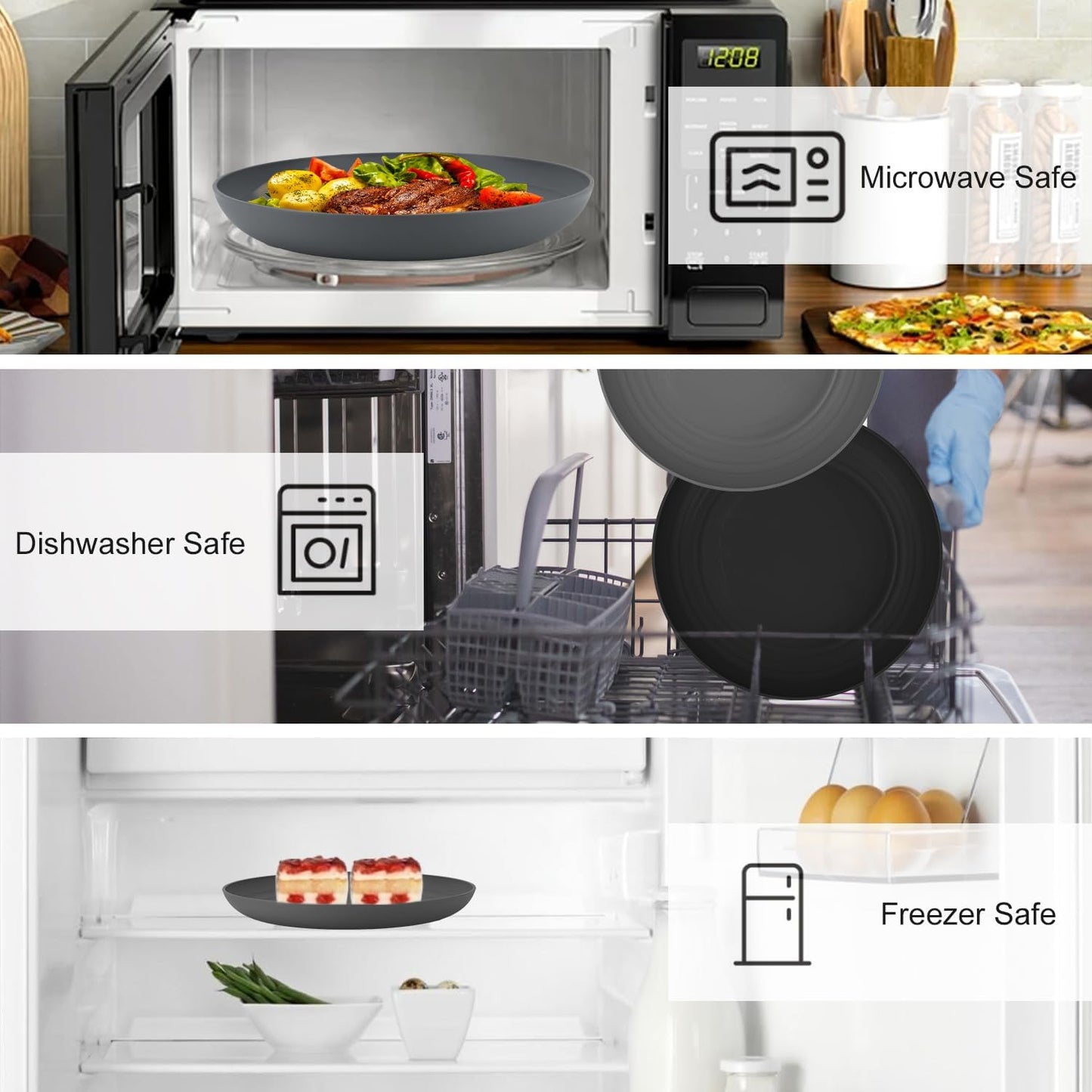 11 Inch Wheat Straw Plates - 8 Piece Set, Unbreakable Dinner Plates, Microwave Safe, Black & Grey