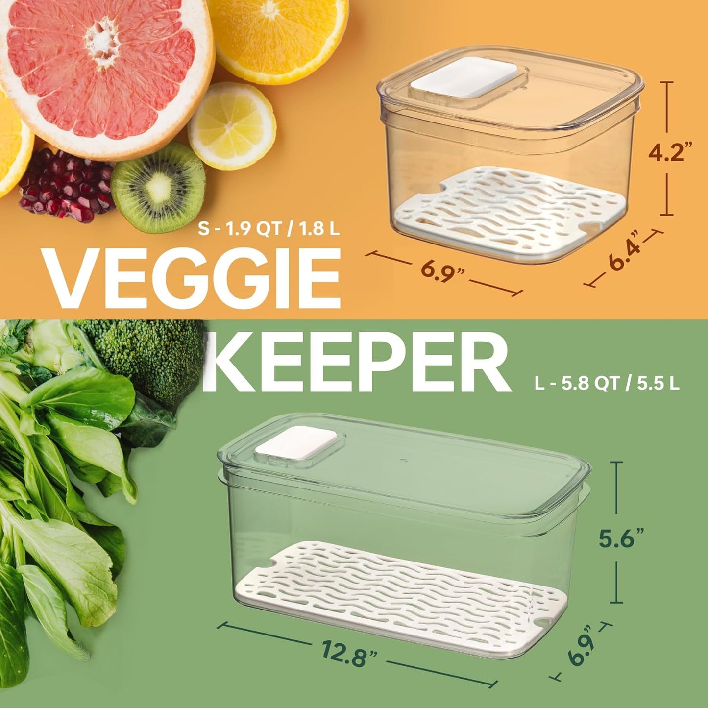 Felli Duo Fresh Veggie Keeper for Fridge with Vent & Drain Trays, LARGE Fruit Vegetable Storage Container for LONG Produce Veggie, Cabbage Celery Lettuce Asparagus Zucchini Saver for Refrigerator