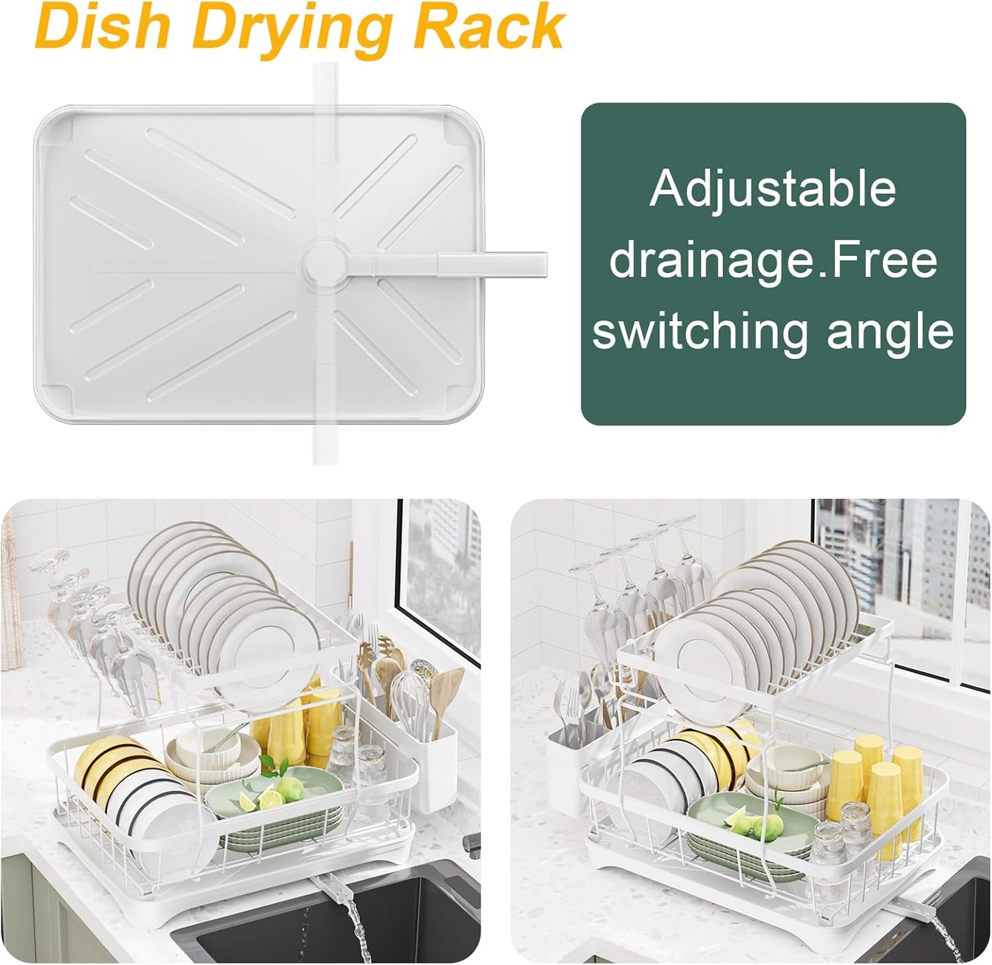 LIYI Dish Drying Rack,Large Dish Rack for Kitchen Counter,2-Tier Dish Racks with draining Tray,Detachable Capacity Dish Drainer Organizer,White