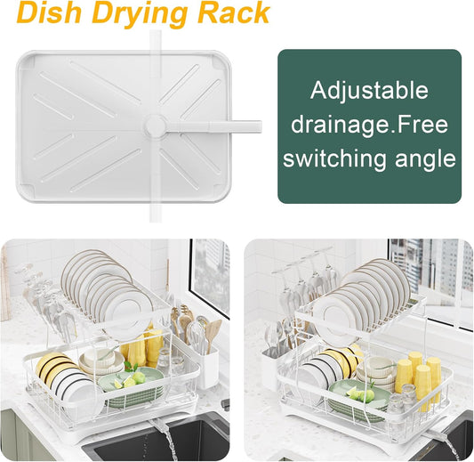 LIYI Dish Drying Rack,Large Dish Rack for Kitchen Counter,2-Tier Dish Racks with draining Tray,Detachable Capacity Dish Drainer Organizer,White