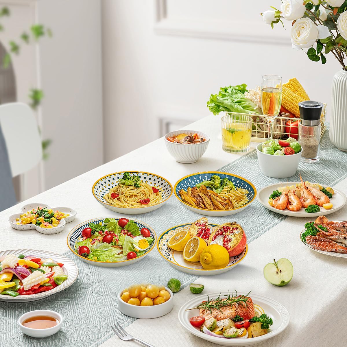 Yeacccng Pasta Bowls Set of 4, 24 Oz Ceramic Salad Bowls, 8 Inch Colorful Serving Bowls for Pasta,Salad,Oatmeal,Fruit, Easy to Clean, Dishwasher & Microwave Safe,Scratch-Resistant, Lead-Free