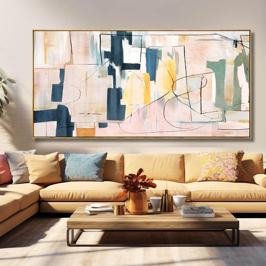 Pink Abstract Painting Large Wall Art Living Room Decor Blue Canvas Print Line Artwork Home Office Decoration 29x58 Inch