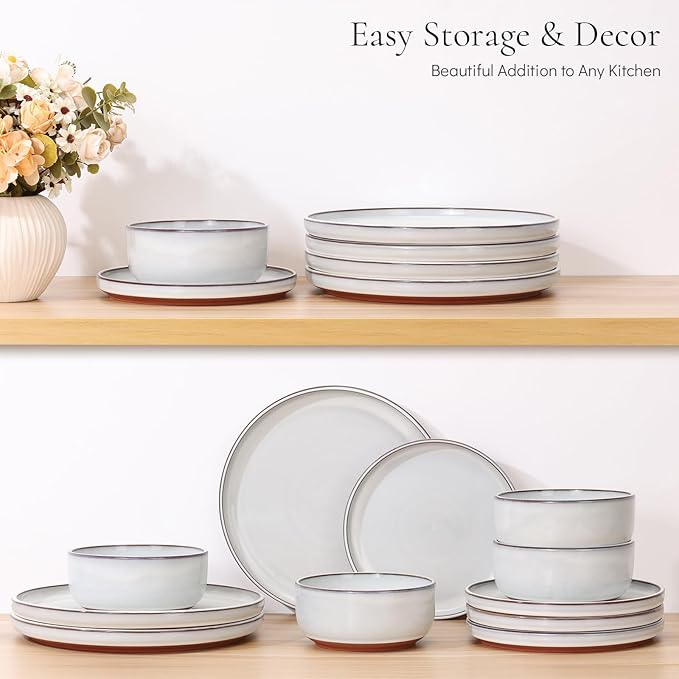 E-far Stoneware Dinnerware Sets for 4, 12 Pieces Reactive Glaze Plates and Bowls Sets, Elegant Dishes with Rustic Terracotta Base, Dishwasher & Microwave Safe, Scratch Resistant, Glacier White