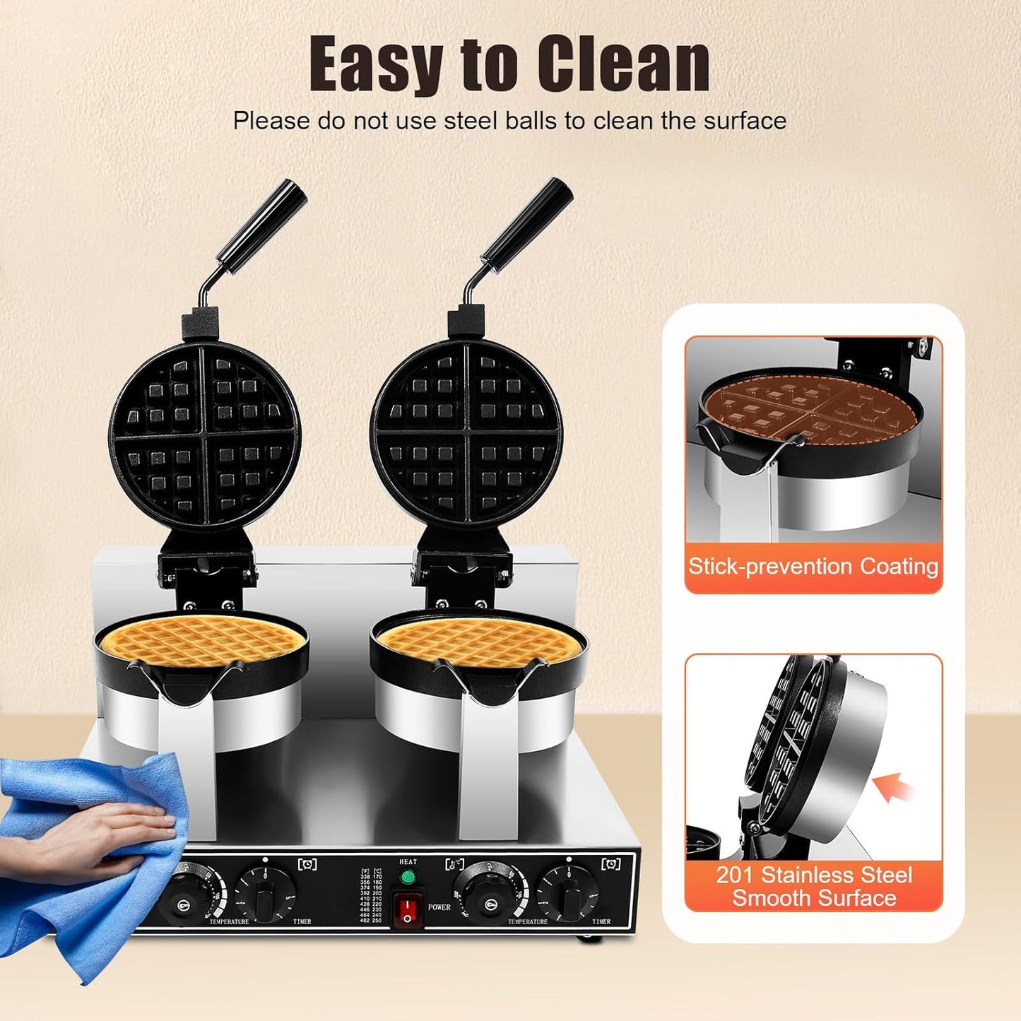 2400W Electric Waffle Maker Machine, Double Head Electric Cake Waffle Maker 122-572℉ Non-stick Waffle Stick Maker for Home & Commercial Use
