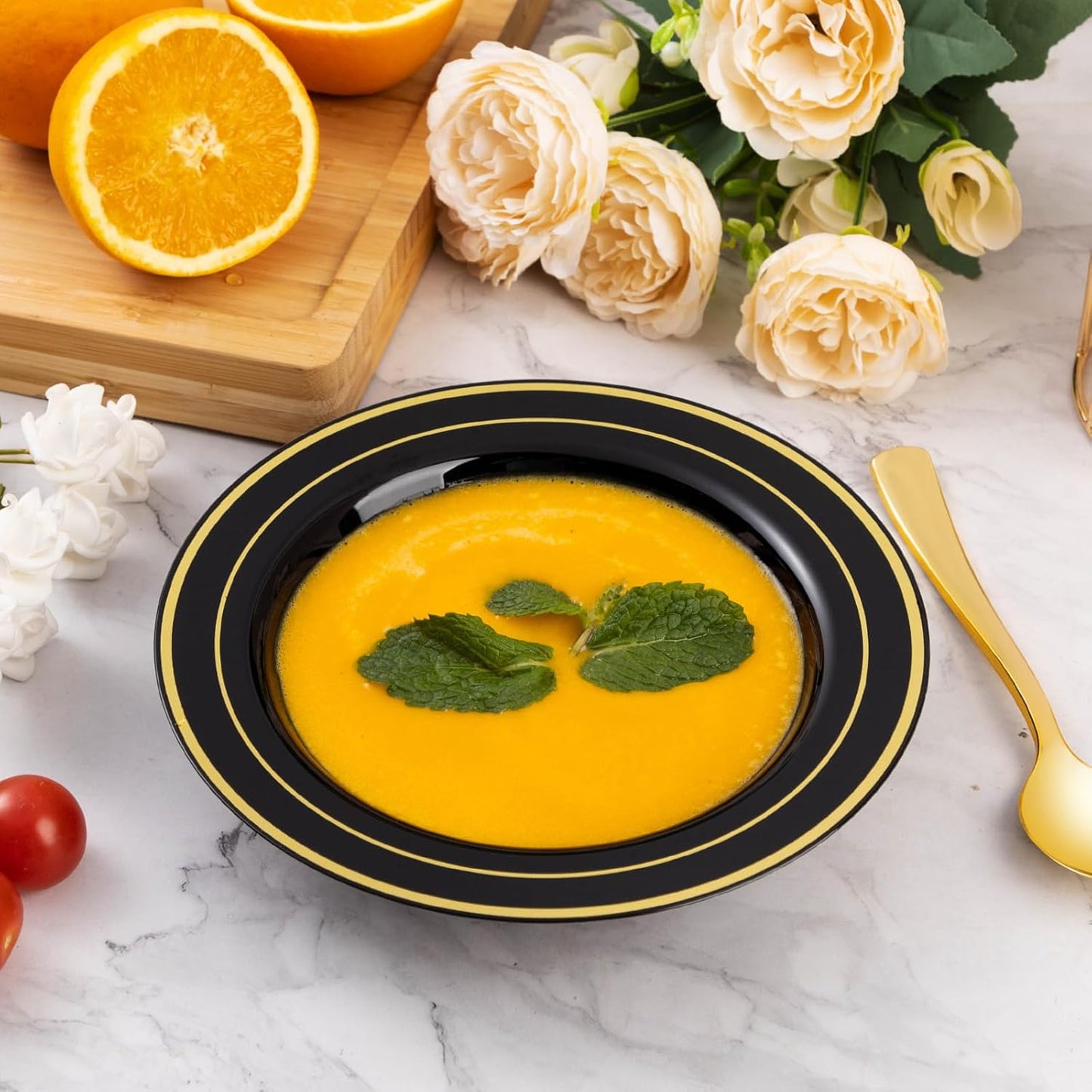 Goodluck 50 Pack Black Plastic Bowls with Gold Rim, 12oz Disposable Soup Bowls, Heavy Duty Dessert Bowls for Weddings, Parties, Dinners, Catering, and New Year