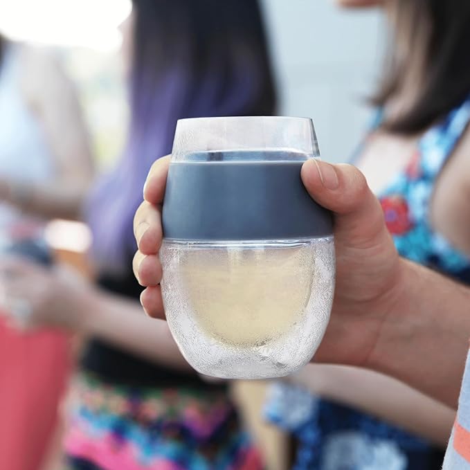 HOST Cooling Cup Plastic Double Wall Insulated Freezable Drink Chilling Tumbler with Freezing Gel Wine Glasses for Red and White Wine, 8.5 oz, Grey Set of 1