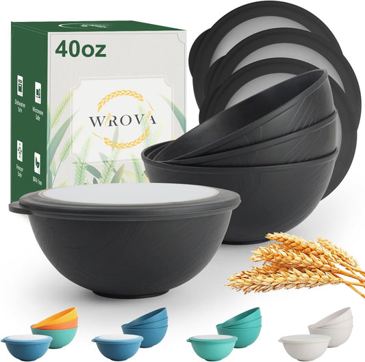 Wrova 40oz wheat straw bowls set of 4,unbreakable ramen bowl set with cover,alternative plastic bowls with cover for kitchen,party,camping and picnic. Black