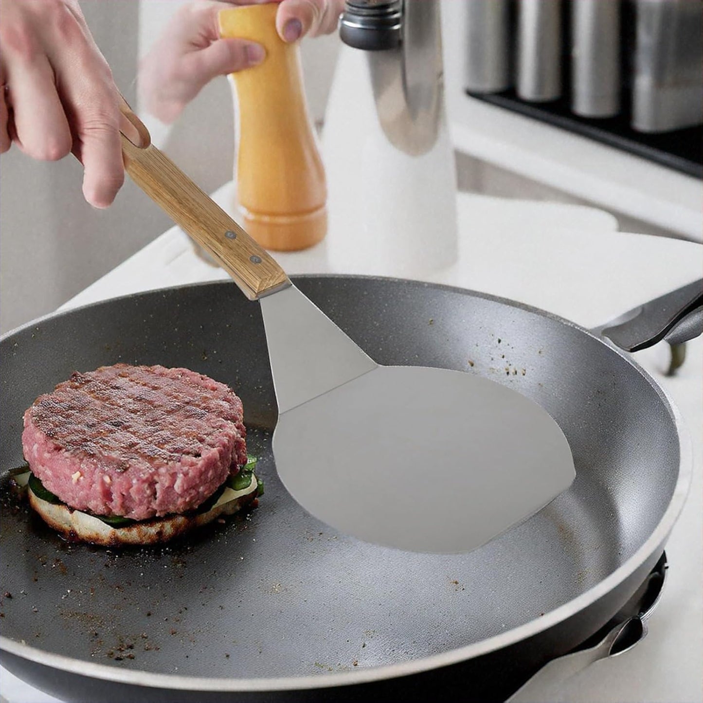 Extra-Large Stainless Steel Wide Spatula Turner Strong Wooden Handle - Dishwasher Safe Kitchen Utensil - Heavy Duty Oversized Metal Lifter Grilling, Cooking, Baking Cake & Cookies pancake spatula