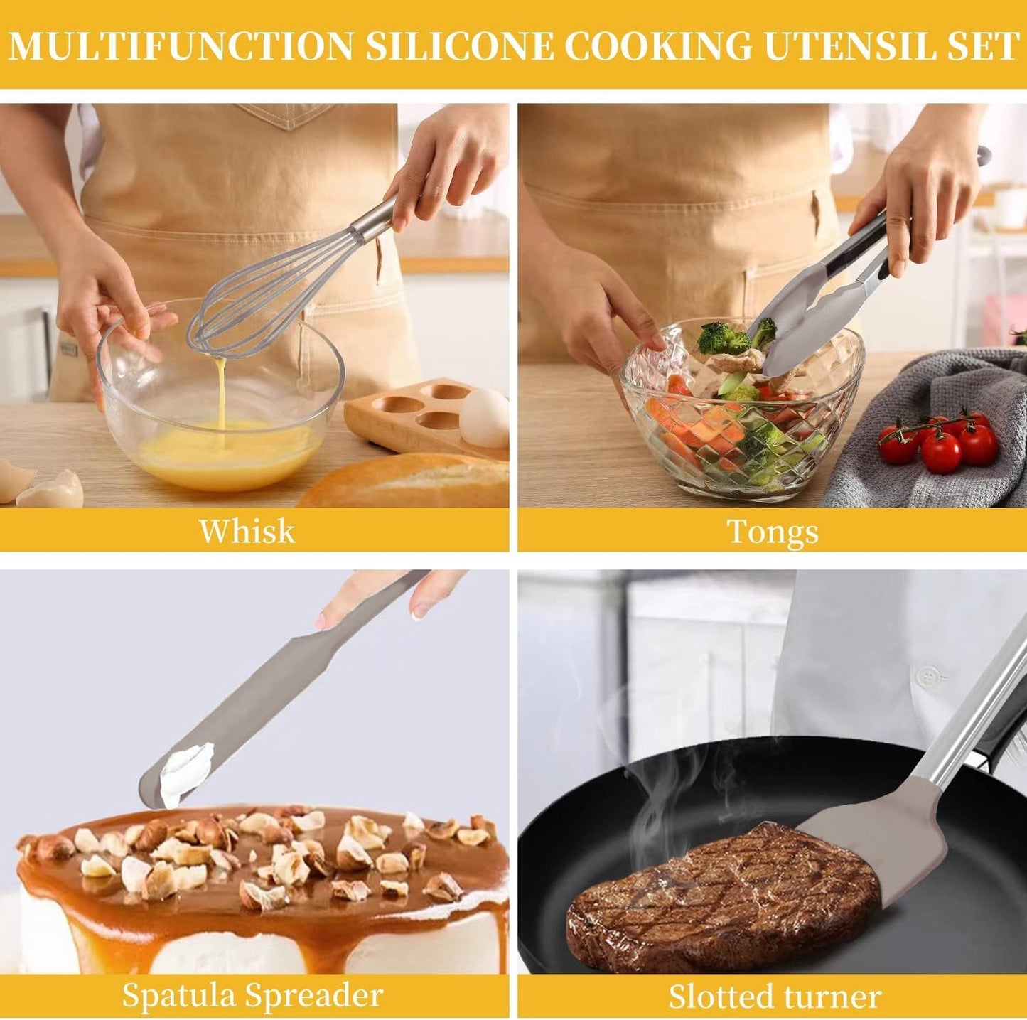 Silicone Kitchen Cooking Utensils Set with Stainless Steel Handle, Spatula Set Utensil Set, Cooking Utensil Set,Kitchen Tools Gadgets for Nonstick Cookware (35, Khaki)