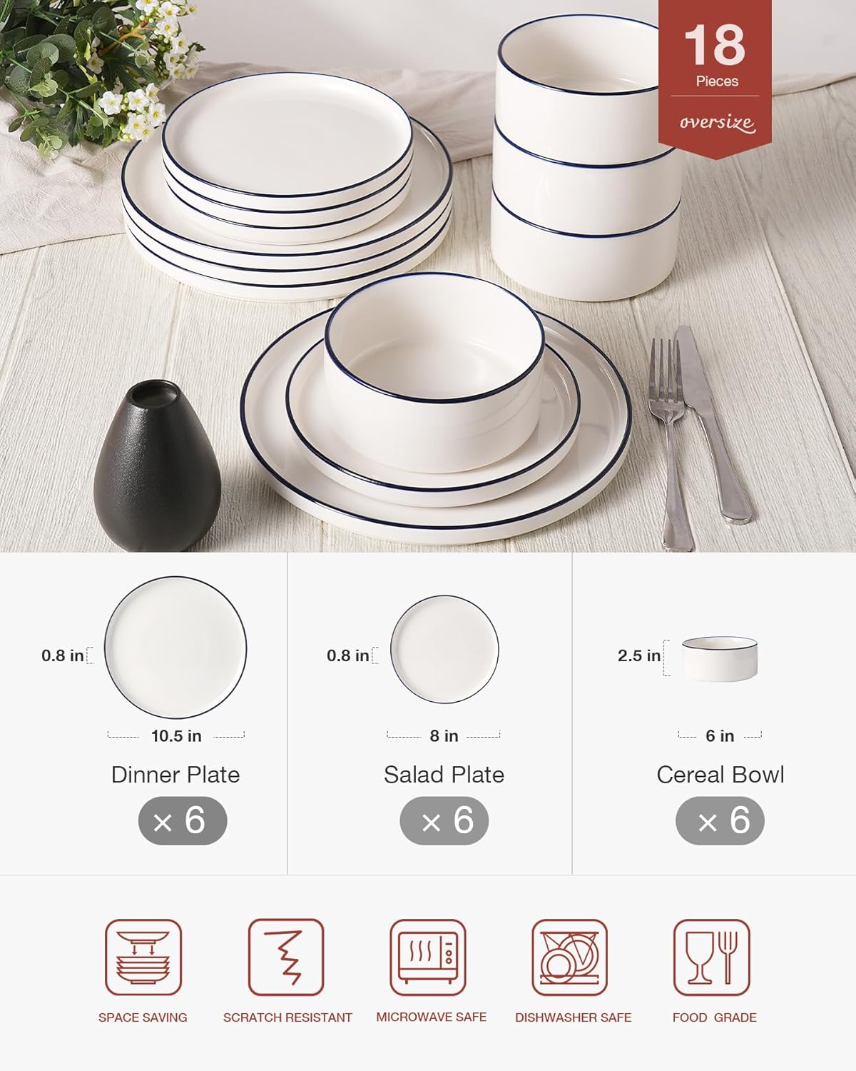 Famiware Porcelain Dinnerware Set, 18-Piece Modern Plate and Bowl Set, dish set for 6, Microwave and Dishwasher Safe Tableware, White with Blue Trim