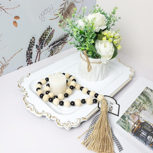 2 Pcs White Vintage Decorative Trays with Gold Rim, Serving Tray for Table Centerpiece Decor, Coffee Table, Living Room