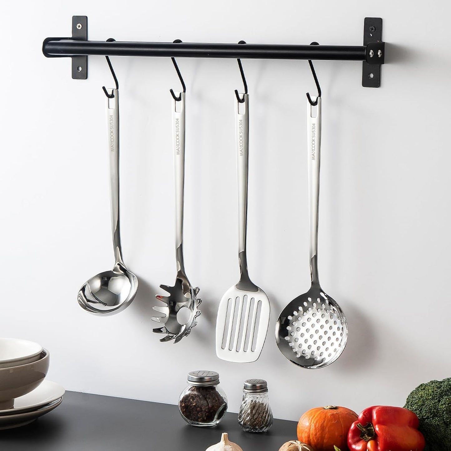 18/8 Stainless Steel Cooking Utensils Set, Spatula Set Kitchen Wok Utensils Set, Include Soup Ladle,Spaghetti Server,Slotted Spatula Turner,Skimmer(Dishwasher Safe, Mirror Polished)