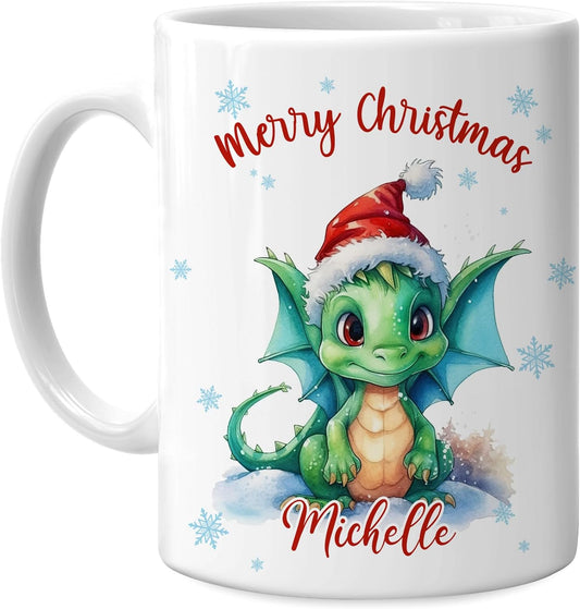 Hyturtle Personalized Gifts Dragon Lover - Dragon Wearing Santa Hat Custom Name Ceramic Coffee Mug Cup 11oz - Cute Animal Lovers Gifts For Women, Girl kids Family On Birthday, Christmas